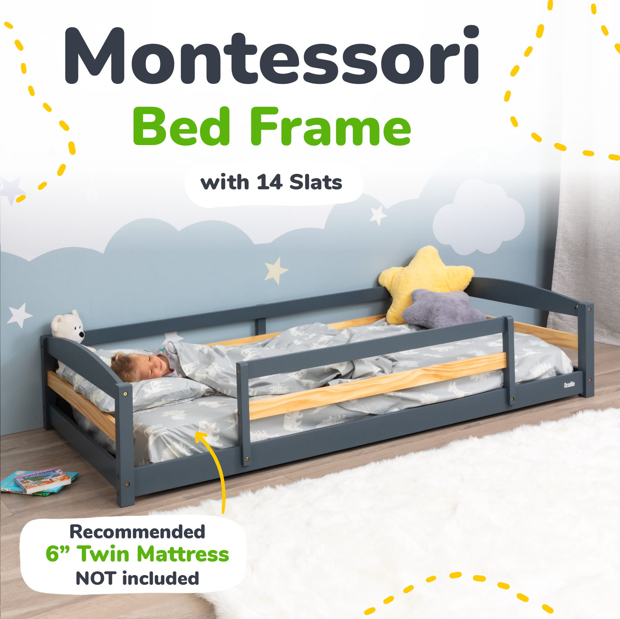 Twin Floor Bed with Safety Guardrails for Kids(Montessori Inspired)