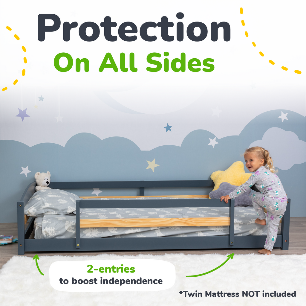 Twin Floor Bed with Safety Guardrails for Kids(Montessori Inspired)