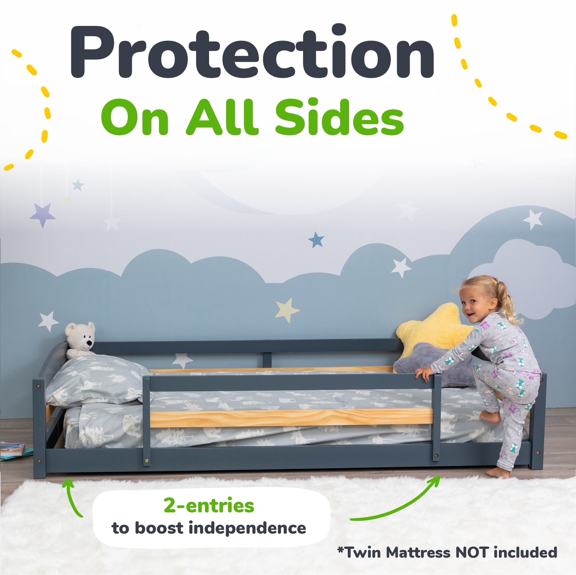 Twin Floor Bed with Safety Guardrails for Kids(Montessori Inspired)