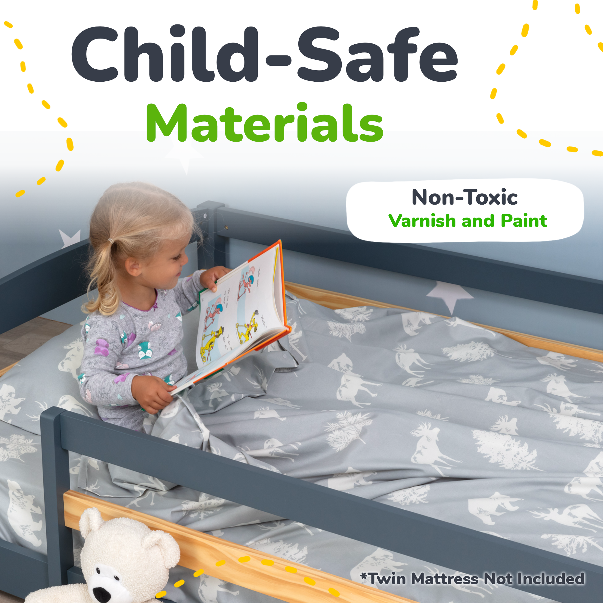 Twin Floor Bed with Safety Guardrails for Kids(Montessori Inspired)