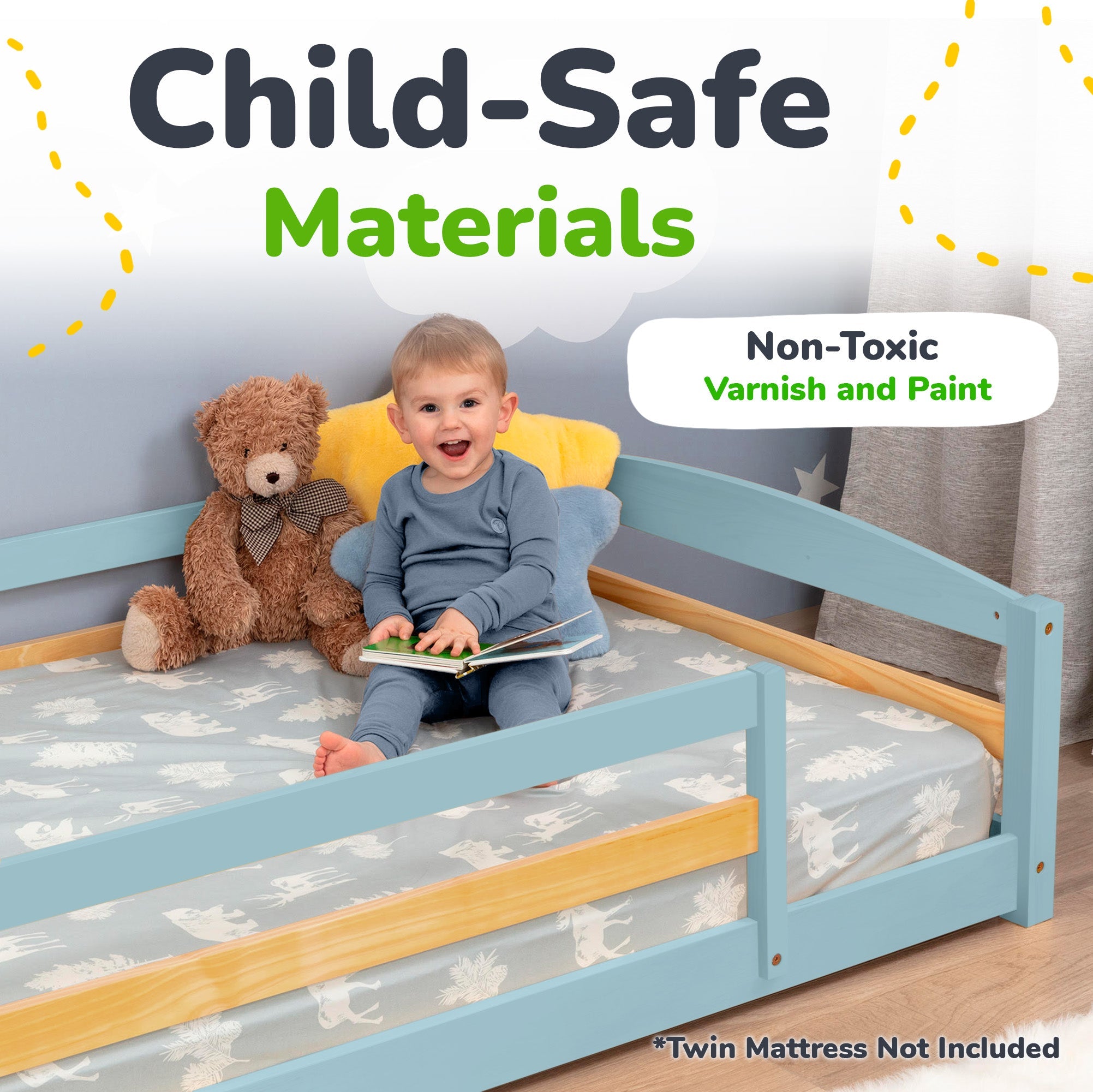 Twin Floor Bed with Safety Guardrails for Kids(Montessori Inspired)
