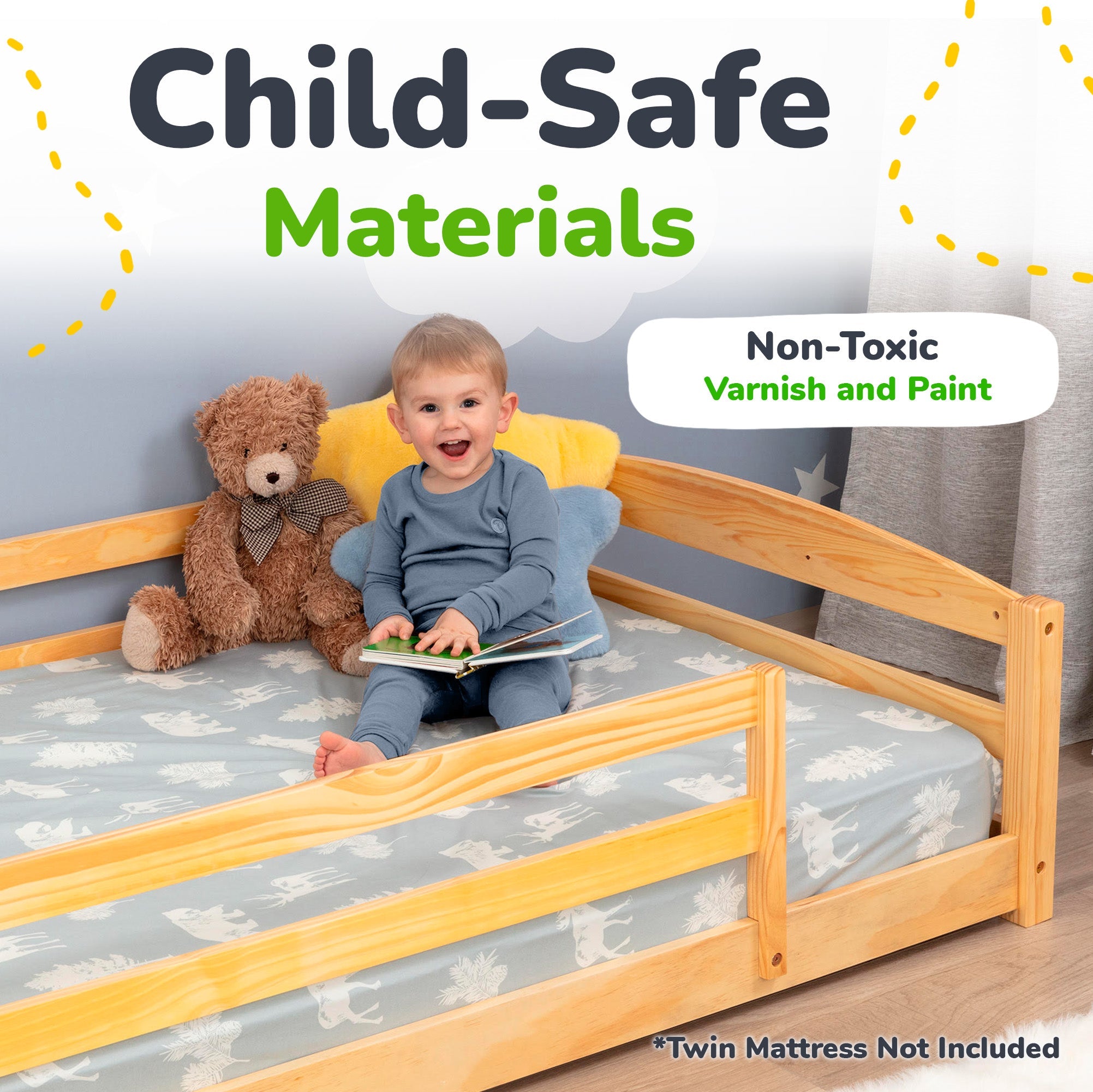 Twin Floor Bed with Safety Guardrails for Kids(Montessori Inspired)