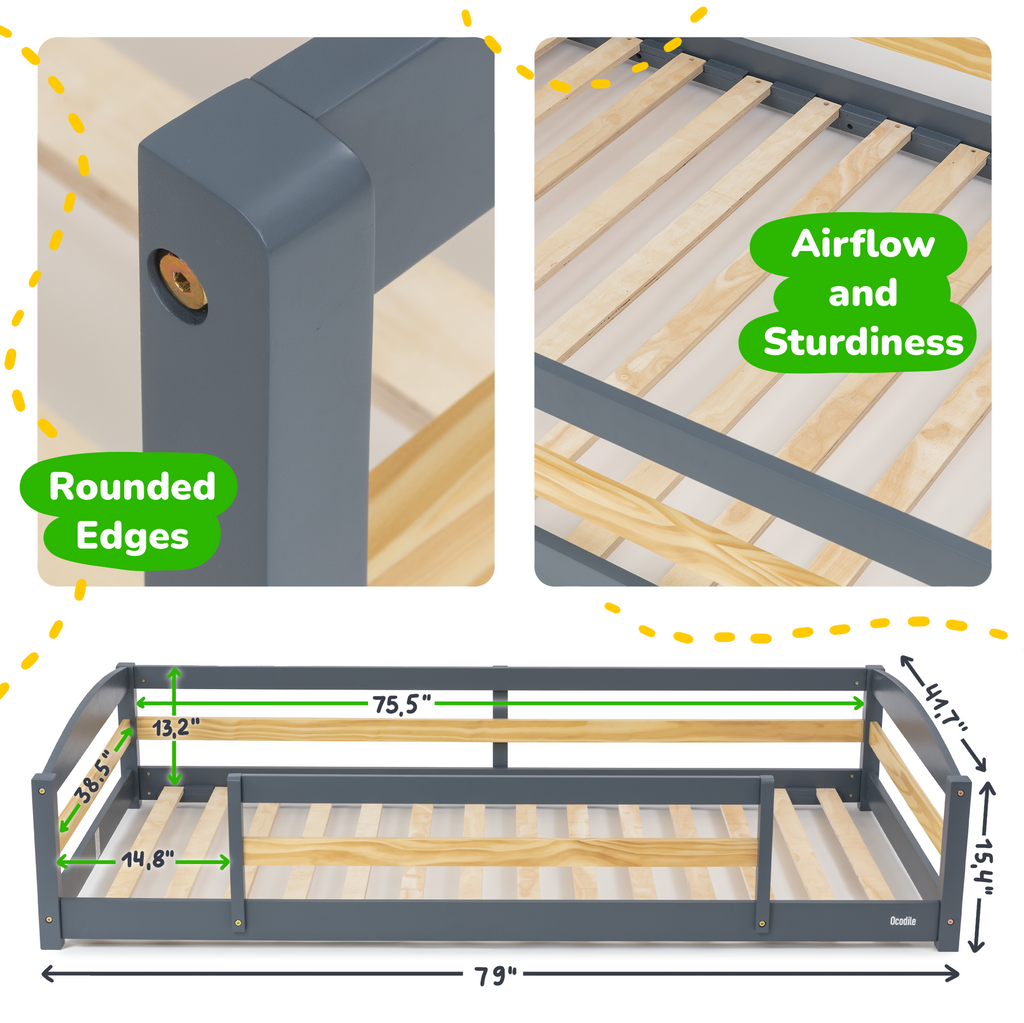 Twin Floor Bed with Safety Guardrails for Kids(Montessori Inspired)