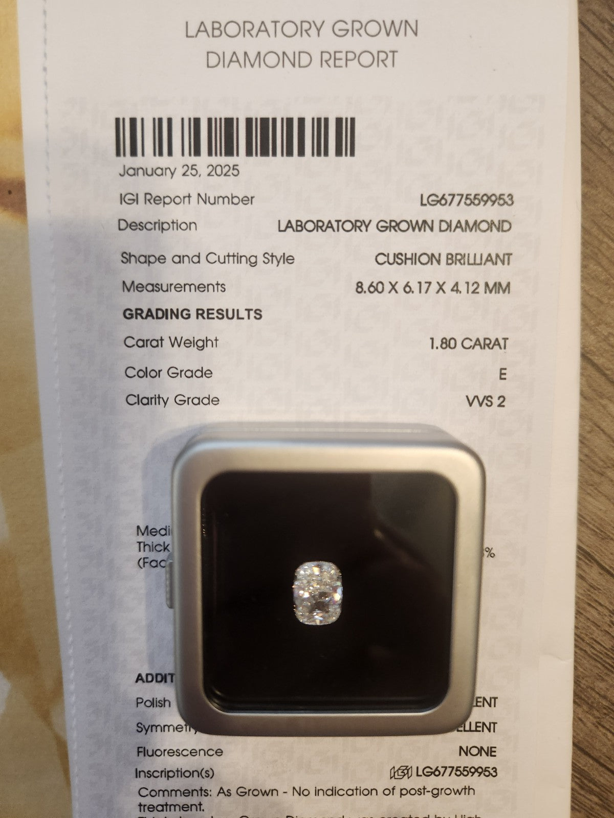 CUSHION Cut 1.80 CARAT E COLOR VVS2 Clarity Lab Grown Diamond