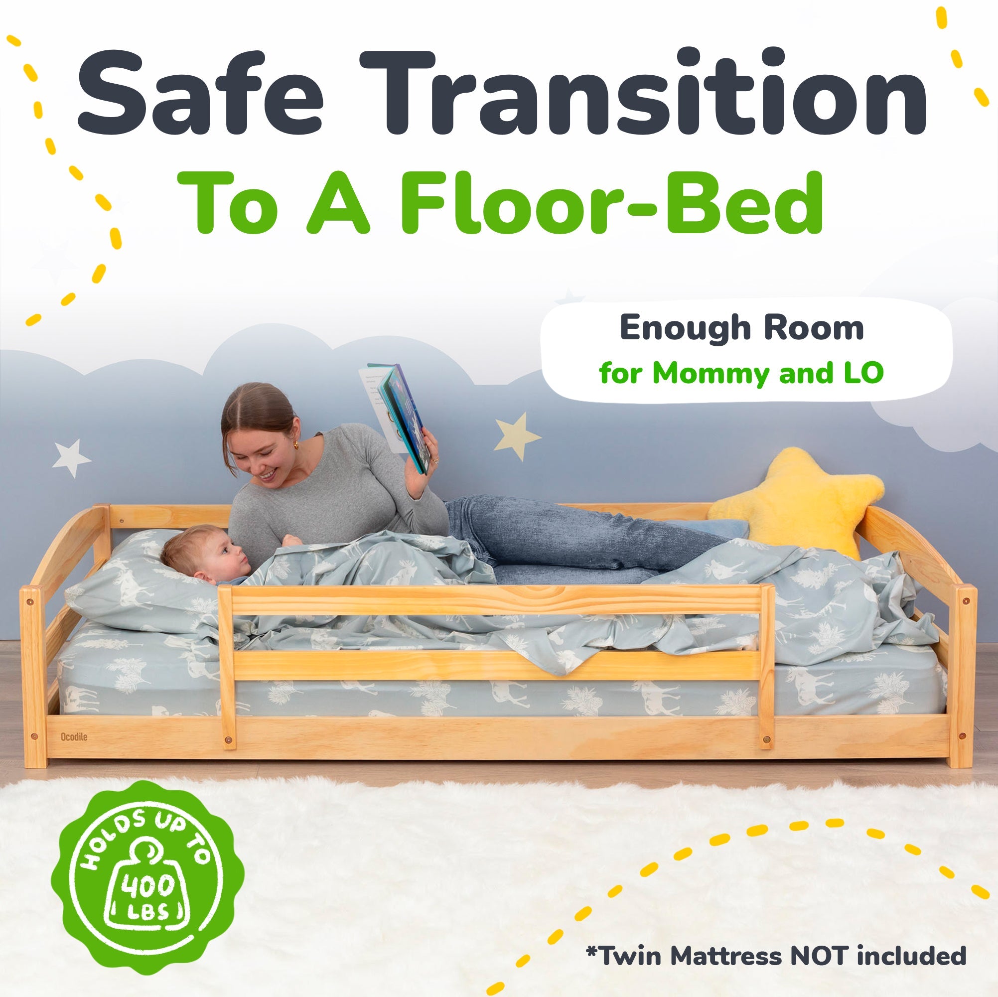 Twin Floor Bed with Safety Guardrails for Kids(Montessori Inspired)